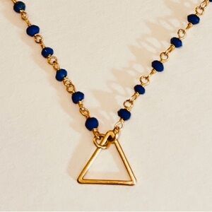 Classy Hand Crafted Blue Rosary Bead Chain with Golden Triangle Pendant - 14”